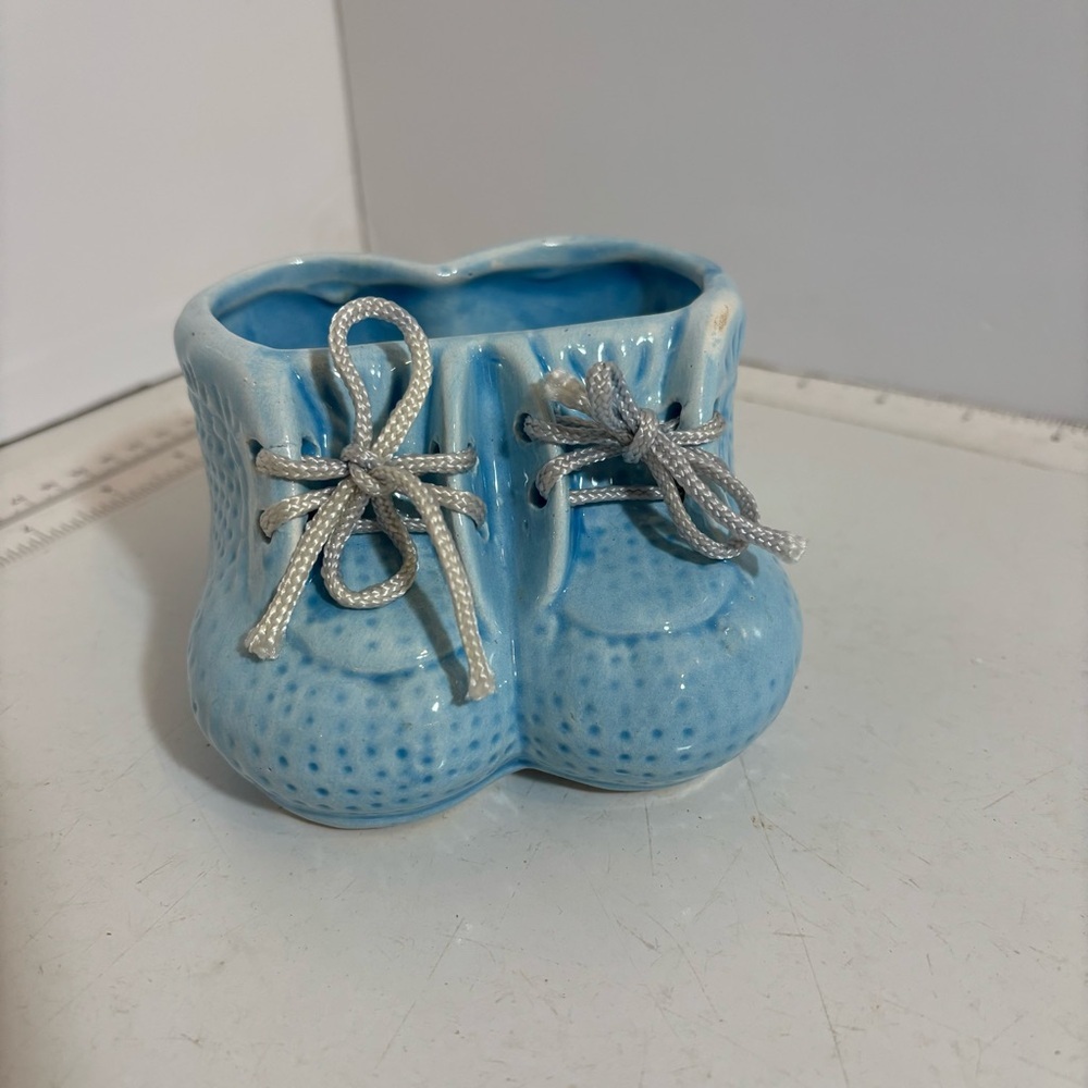 Vintage ceramic blue‎ baby booties shoes planter trinket holder